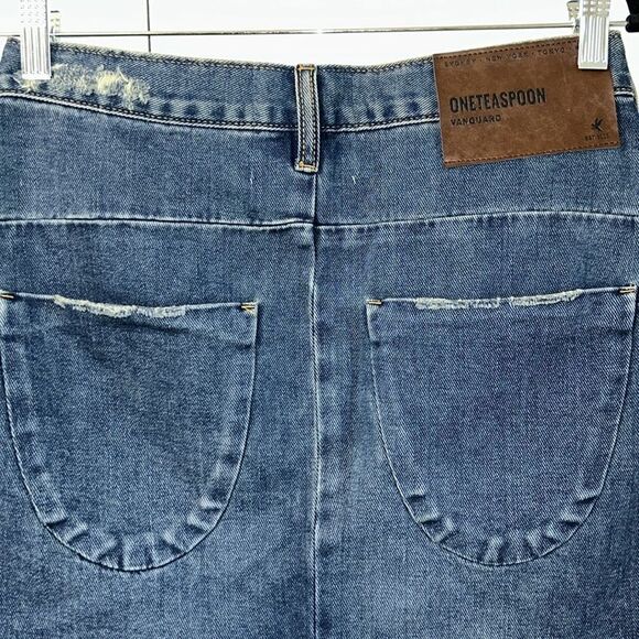 Revolve One Teaspoon Dirty Indigo Frayed Hem Cotton Mini Jeans Skirt(Size 26) - Picture 9 of 12